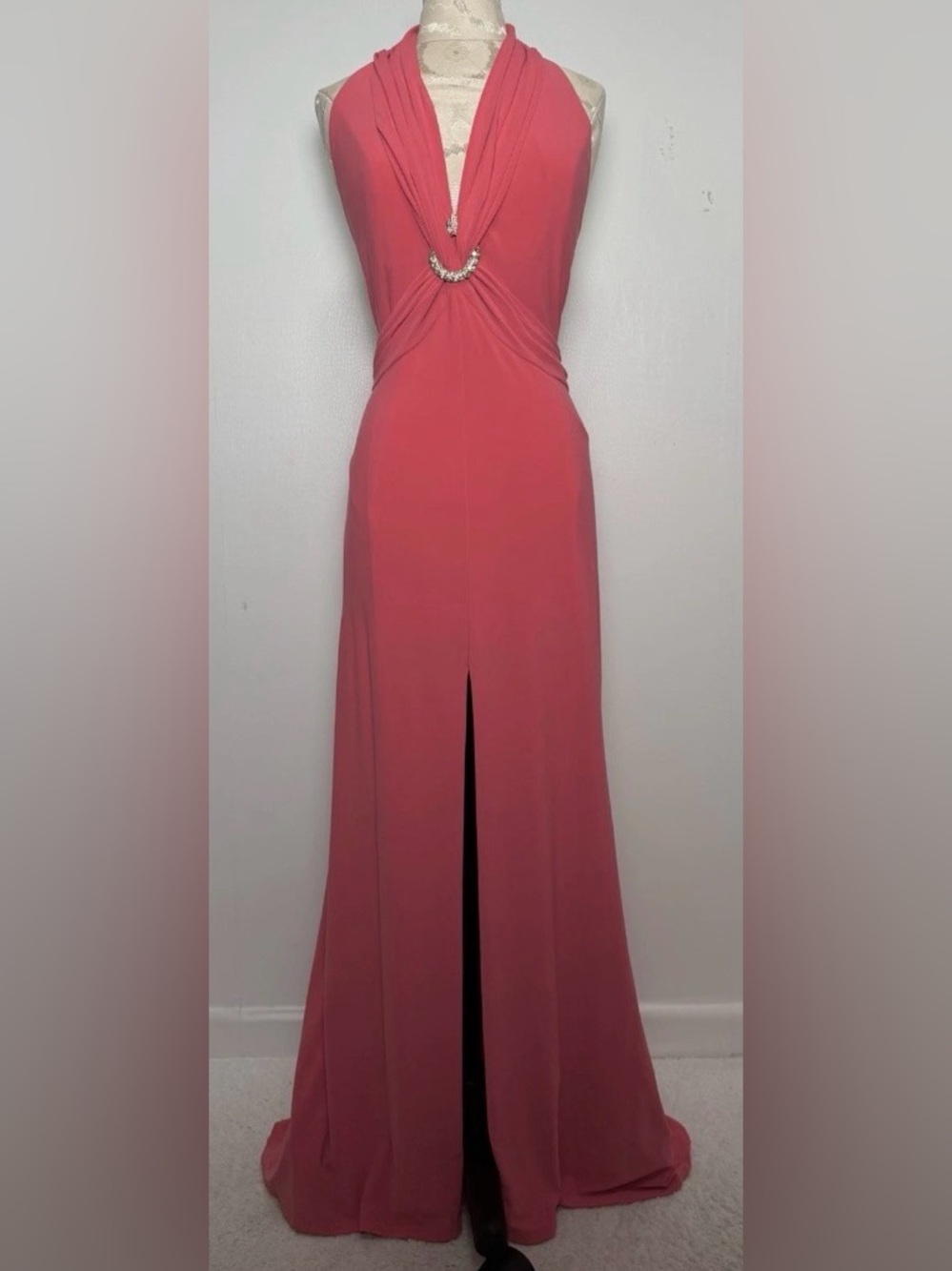 Lillie Rubin Coral Pink Rhinestone Halter Formal Gown Size L Train